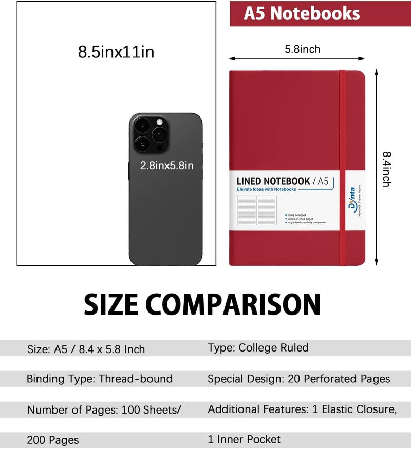 Dynta Hardcover Journal Notebooks, 10 Packs A5 Lined Journals Bulk for Writing 200 Pages/100Sheets, 8.4 x 5.8 inch, Classic Ruled Notebook for Work/Travel/College/Note Taking(Red) - Image 2